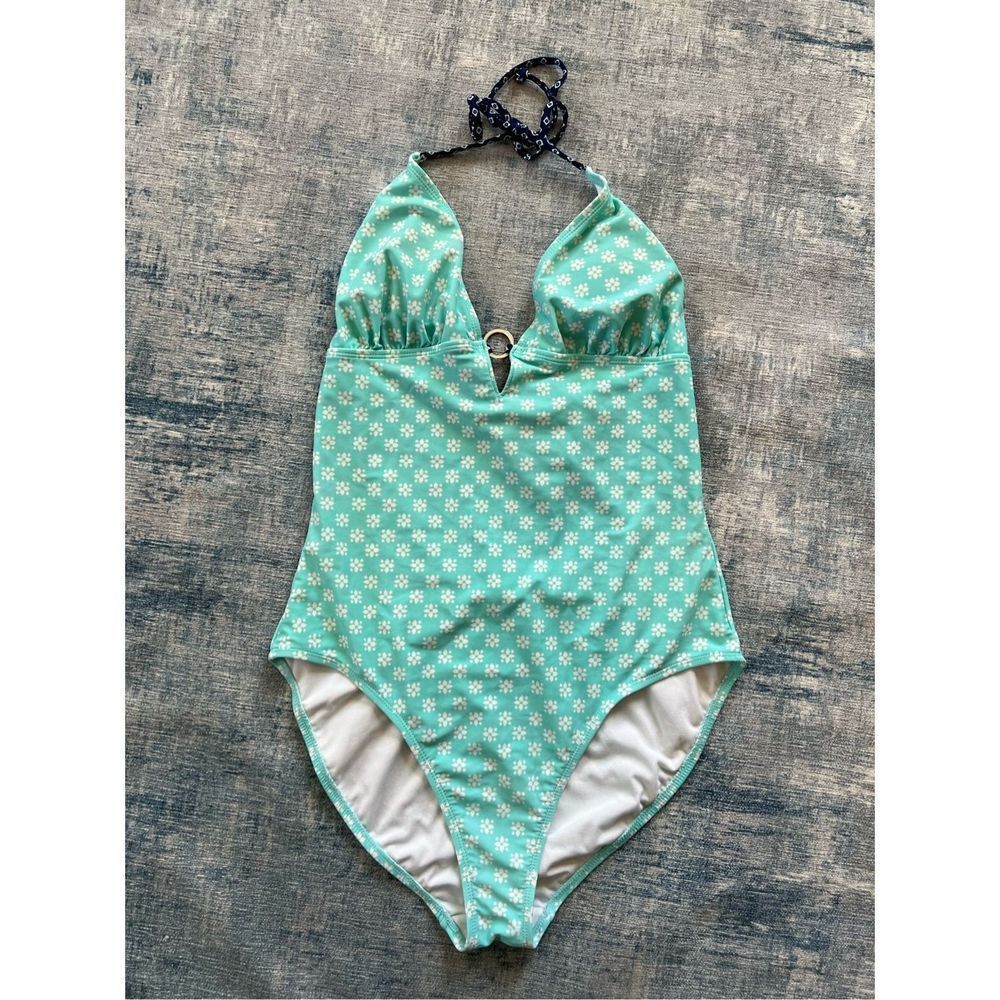 Old Navy Aqua White Floral Pattern Halter Tie Back One Piece Swimsuit Large